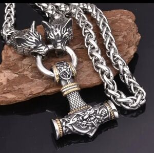 Wolf Head Mjolnir Thor Hammer Pendant Steel Necklace Viking Celtic Norse